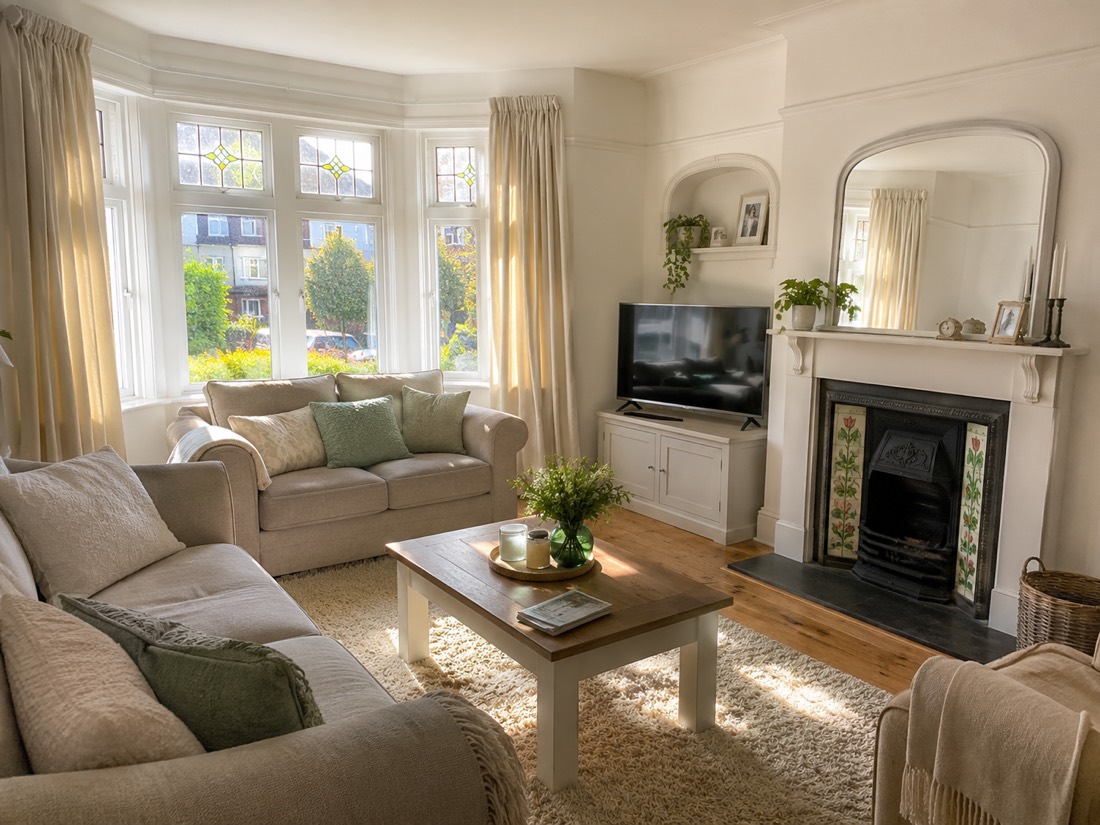 A bright, freshly cleaned and tidy living room in a family home